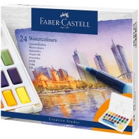 Акварель художественная Faber-Castell "Watercolours", 24цв., кюветы, + кисть "Water Brush"+ съемная палитра, пластиковая упаковка