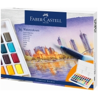 Акварель художественная Faber-Castell "Watercolours", 36цв., кюветы, + кисть "Water Brush"+ съемная палитра, пластиковая упаковка