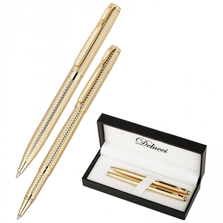 Набор "Delucci": ручка шариковая, 1мм и ручка-роллер, 0,6мм, синие, корпус золото, подар. уп.