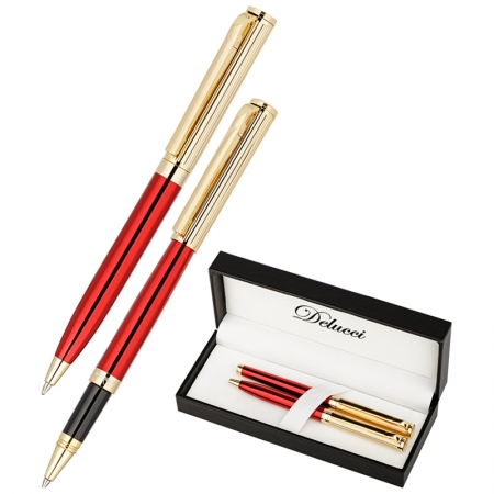 Набор "Delucci": ручка шариковая, 1мм и ручка-роллер, 0,6 мм, синие, корпус вишня/золото, подар. уп.