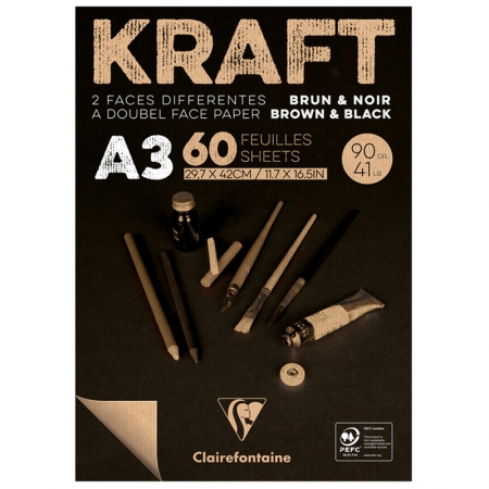 Скетчбук - блокнот 60л. А3 на склейке Clairefontaine "Kraft", 90г/м2,верже,черный/крафт