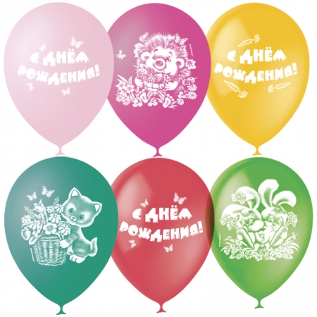 Воздушные шары, 25шт, М12/30см, "С Днем Рождения", пастель+декор