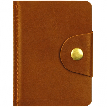 Визитница карманная OfficeSpace на кнопке, 10*7см, 18 карманов, натуральная кожа, светло-коричневый